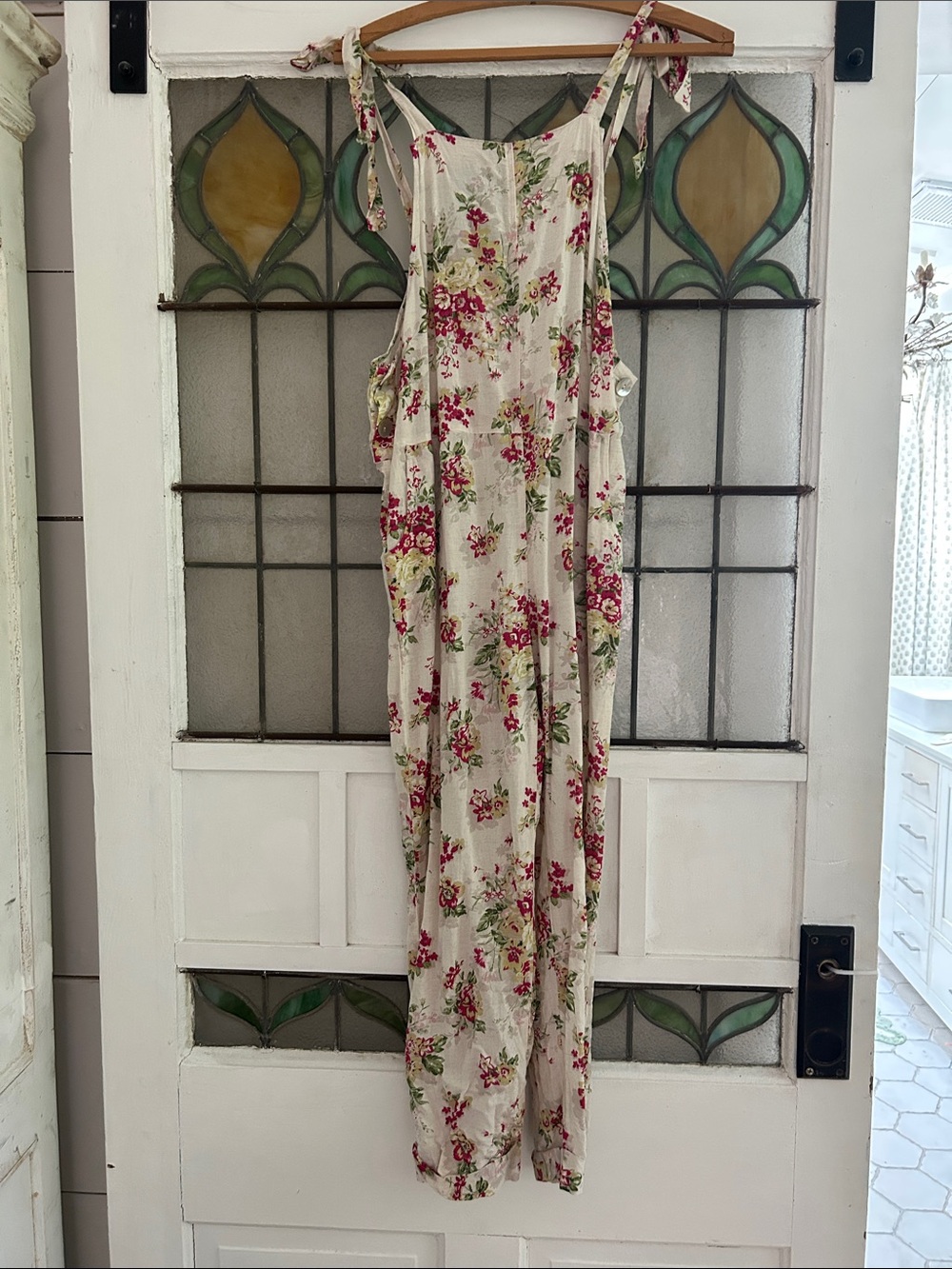 Mable Cream Floral Tie-Shoulder Jumpsuit with Pink and Green Print - Picture 3 of 9